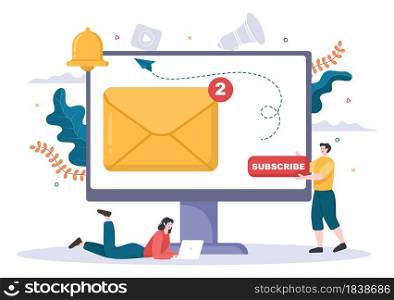 Subscribe Icon Button And Envelope Background Vector Illustration. Online Newsletter With Mailbox or Submit for Youtube, Blogging, Promotion. Social Media Post