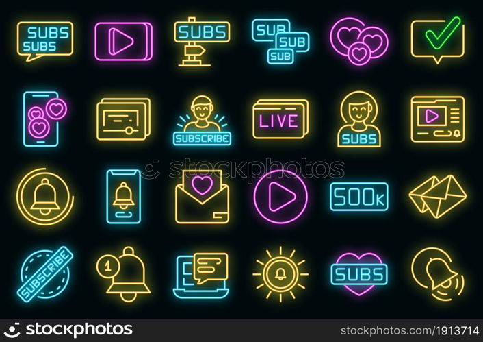 Subscribe icons set. Outline set of subscribe vector icons neon color on black. Subscribe icons set vector neon