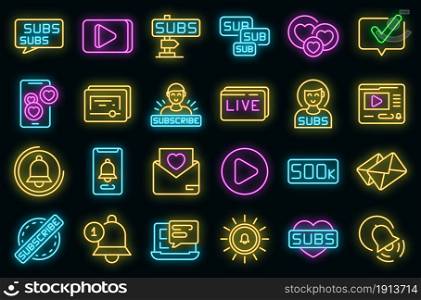 Subscribe icons set. Outline set of subscribe vector icons neon color on black. Subscribe icons set vector neon