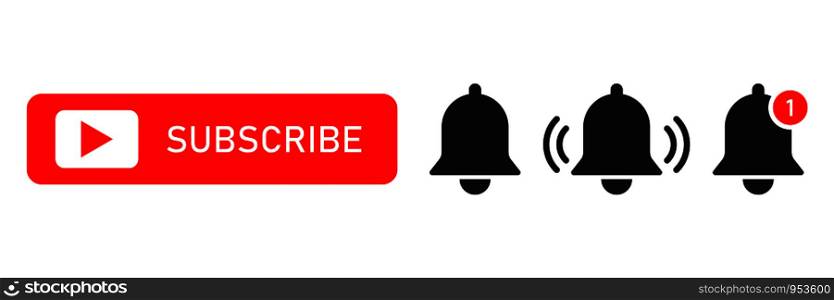 Subscribe red button abd notification bells isolated symbols. Smartphone social media interface. Message bell icon. EPS 10. Subscribe red button abd notification bells isolated symbols. Smartphone social media interface. Message bell icon.