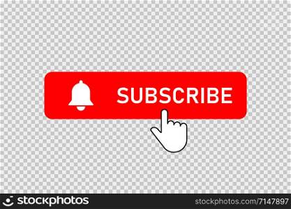 Subscribe red button with bell and hand clicking cursor. Subscribe button with bell and pointer. Social media element. Notification button. EPS 10. Subscribe red button with bell and hand clicking cursor. Subscribe button with bell and pointer. Social media element. Notification button.