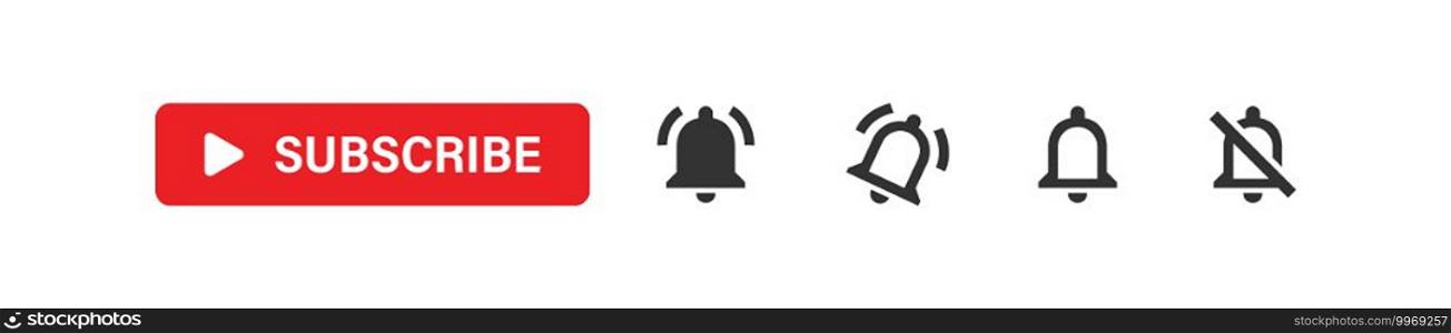 Subscribe red button with bell notification set icons. Web social media vector icon