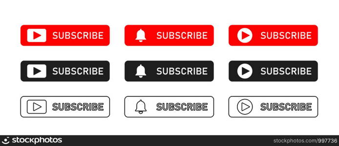 Subscribe red isolated vector button. Red play button icon. Subscribe button icon. Video play icon. App vector illustration. EPS 10. Subscribe red isolated vector button. Red play button icon. Subscribe button icon. Video play icon. App vector illustration.