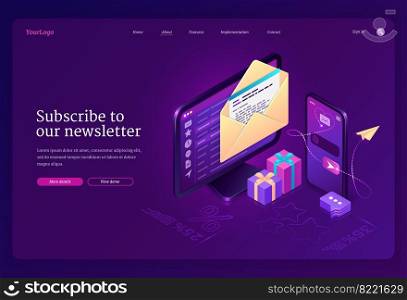 Subscribe to our newsletter banner. Email news subscription, electronic messages with gift and sale. Vector landing page with isometric letter envelope on computer screen and smartphone. Subscribe to our newsletter banner
