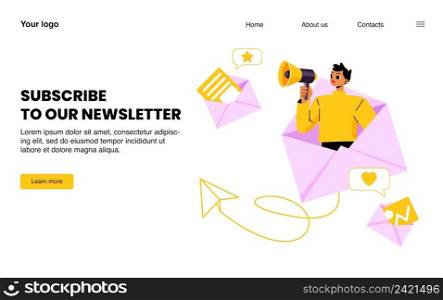 Subscribe to our newsletter landing page, email news subscription, blog update messages submit with promoter yell to loudspeaker in huge envelope, marketing, media business, Line art vector web banner. Subscribe to our newsletter landing page, media