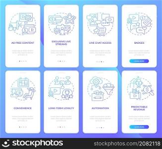 Subscription benefits blue gradient onboarding mobile app screen set. Walkthrough 4 steps graphic instructions pages with linear concepts. UI, UX, GUI template. Myriad Pro-Bold, Regular fonts used. Subscription benefits blue gradient onboarding mobile app screen set
