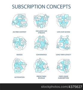 Subscription blue concept icons set. Premium account. Business model idea thin line color illustrations. Isolated outline drawings. Editable stroke. Roboto-Medium, Myriad Pro-Bold fonts used. Subscription blue concept icons set