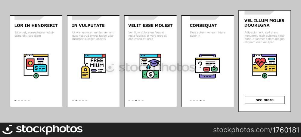Subscription Content Onboarding Mobile App Page Screen Vector. Buying Video Game And Music, Electronic Book And Film, Subscription On Blog Or Video Channel Illustrations. Subscription Content Onboarding Icons Set Vector