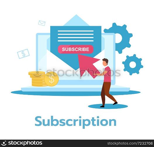 Subscription flat vector illustration. Regular, recurring payment for product, service. Monthly revenue. Continual periodic use. Membership fee. Business model. Isolated cartoon character on white. Subscription flat vector illustration