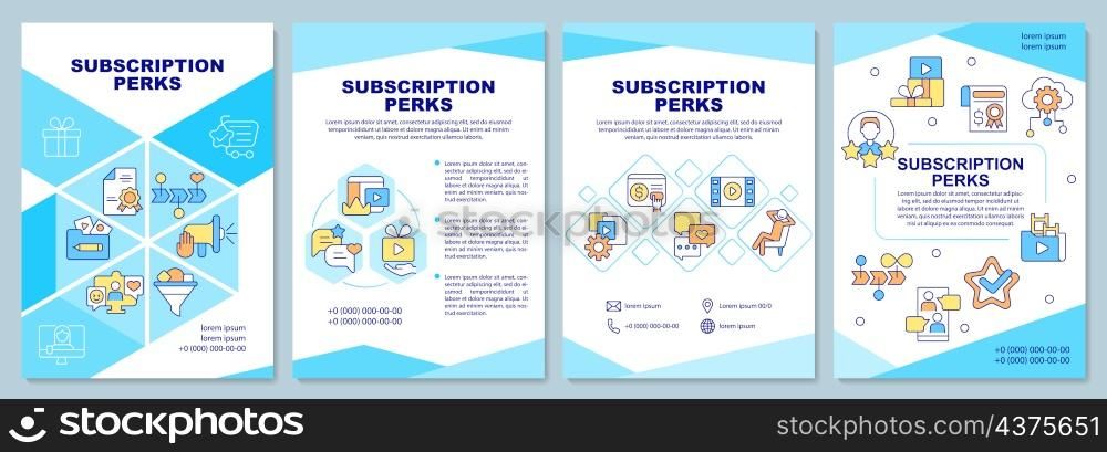 Subscription perks brochure template. Paying for content. Booklet print design with linear icons. Vector layouts for presentation, annual reports, ads. Arial-Black, Myriad Pro-Regular fonts used. Subscription perks brochure template