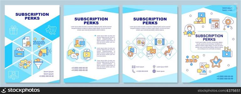 Subscription perks brochure template. Paying for content. Booklet print design with linear icons. Vector layouts for presentation, annual reports, ads. Arial-Black, Myriad Pro-Regular fonts used. Subscription perks brochure template