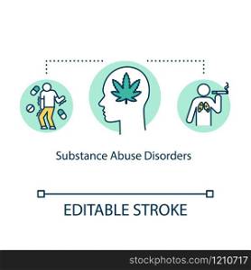 Substance abuse disorders concept icon. Mental illness idea thin line illustration. Drug use. Smoking. Pernicious habits. Vector isolated outline RGB color drawing. Editable stroke
