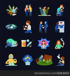 Substance Use Images Set. Narcotic isolated icons set with drug abuse cartoon people characters and marijuana heroine magic mushrooms images vector illustration