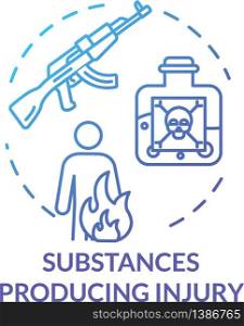 Substances producing injury, gun types concept icon. Poison and toxic liquid fatal effect, gunshot wound and body burn thin line illustration. Vector isolated outline RGB color drawing. Substances producing injury, gun types concept icon