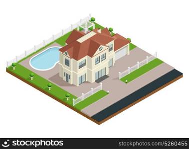 Suburb House Building Composition. Suburb house building isometric composition with swimming pool and fence vector illustration