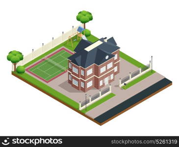 Suburb House Composition. Suburb house isometric composition with sports ground and trees vector illustration