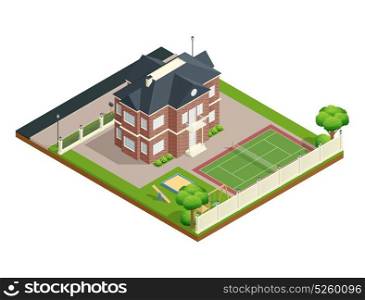 Suburb House Isometric Composition. Suburb house isometric composition with backyard lawn children playground and tennis court vector illustration