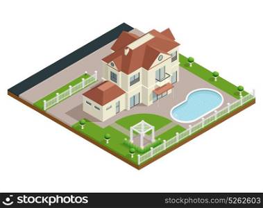 Suburb House Isometric Composition. Suburb house isometric composition with swimming pool and lawn vector illustration