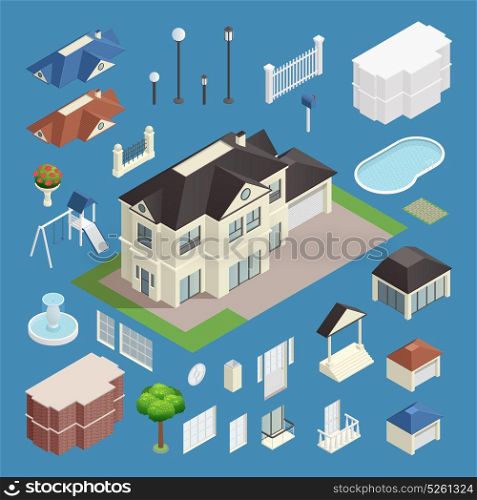 Suburb House Isometric Set. Suburb house isometric set on blue background isolated vector illustration