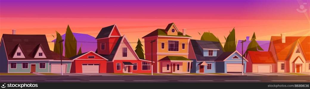 Suburb houses at beautiful sunset landscape, suburban street with residential cottages, countryside two storey buildings with garages under dusk evening sky, home facades. Cartoon vector illustration. Suburb houses at beautiful sunset landscape, dusk