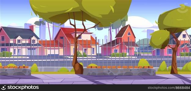 Suburb houses, suburban street with residential cottages behind of metal fence with green trees, benches and paved road. Countryside townscape with two storey buildings Cartoon vector illustration. Suburb houses, street, countryside townscape view