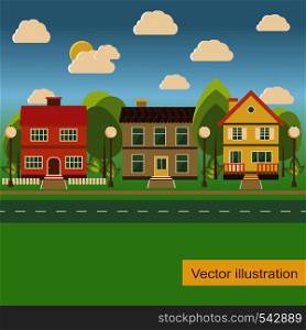 Suburb street with family houses in flat style.Vector illustration