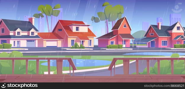 Suburb street with houses, road and wooden terrace in rain. Summer landscape of village with cottages, green grass, trees and porch with fence and stairs in rainy weather, vector cartoon illustration. Suburb street with houses, wooden terrace in rain