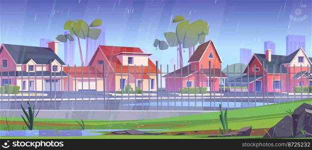 Suburban area at rain, street with cottage houses behind of metal fence with green trees, and puddles on road at rainy day. Countryside townscape with residential buildings Cartoon vector illustration. Suburban area at rain, street with cottage houses