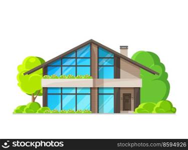 Suburban average residential house building exterior. Vector isolated cottage, private villa, village luxury home. Apartment with wide windows and brown facing, living real estate property. Suburban average residential building exterior