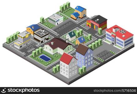 Suburban concept with house apartments and government buildings 3d isometric decorative icons vector illustration