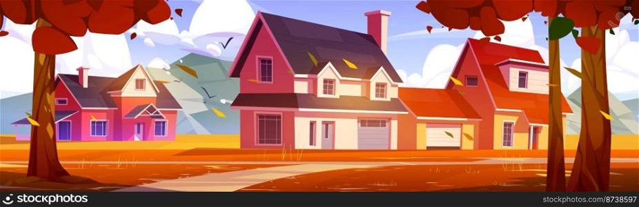 Suburban cottage houses at autumn landscape with bright orange trees, dirt pathway and blue cloudy sky. Residential suburb, countryside area with two-storied buildings, Cartoon vector illustration. Suburban cottage houses at autumn landscape