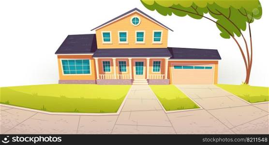 Suburban cottage, residential house with garage. Vector cartoon illustration of village mansion facade. Summer countryside landscape of with private building and tree. Suburban cottage, residential house with garage