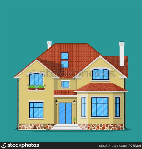 Suburban family house. Countrysdie house icon. Vector illustration in flat style. Suburban family house with garage.