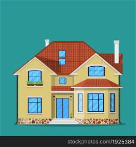 Suburban family house. Countrysdie house icon. Vector illustration in flat style. Suburban family house with garage.