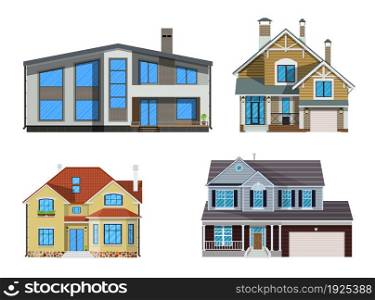 Suburban family house set. countrysdie wooden and brick house icon. vector illustration in flat style. Suburban family house set.