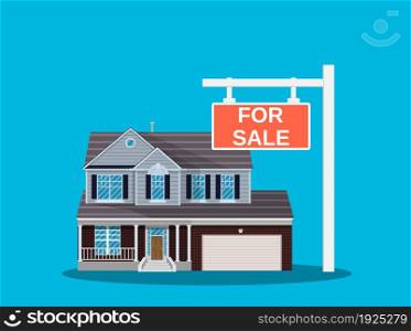 Suburban family house set. Countryside wooden and brick house icon. For sale placard. Real estate. Vector illustration in flat style. Suburban family house set.