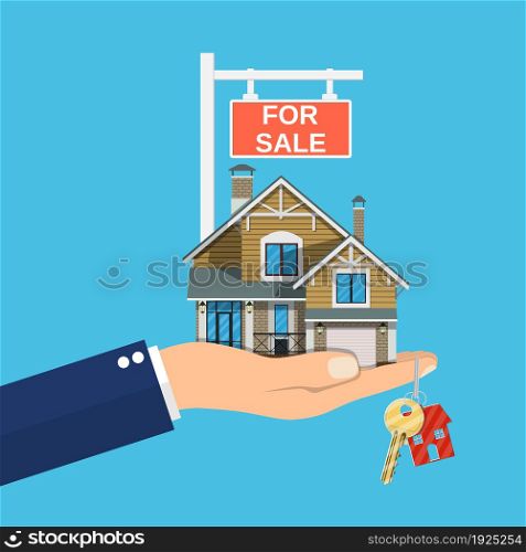 Suburban family house set in hand. Countryside wooden and brick house icon. Key. For sale placard. Real estate. Vector illustration in flat style. Suburban family house set in hand.