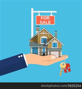 Suburban family house set in hand. Countryside wooden and brick house icon. Key. For sale placard. Real estate. Vector illustration in flat style. Suburban family house set in hand.