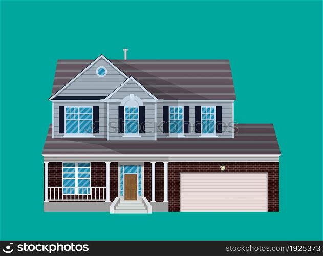 Suburban family house with garage. Countrysdie house icon. Vector illustration in flat style. Suburban family house with garage.