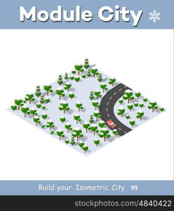 Suburban highway road turn. Isometric view of the projection of a winter landscape. Nature view of forest with trees. Suburban highway road