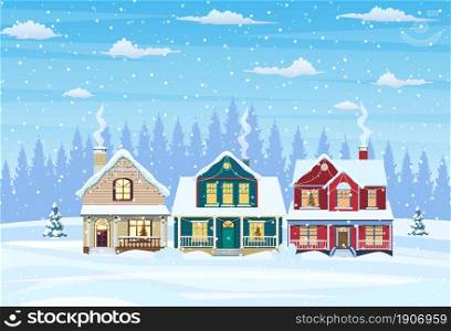 Suburban house covered snow. Building in holiday ornament. Christmas landscape tree. New year decoration. Merry christmas holiday xmas celebration. Vector illustration flat style. Suburban house covered snow.