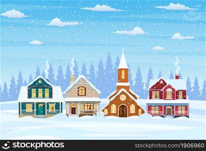 Suburban house covered snow. Building in holiday ornament. Christmas landscape tree. New year decoration. Merry christmas holiday xmas celebration. Vector illustration flat style. Suburban house covered snow.