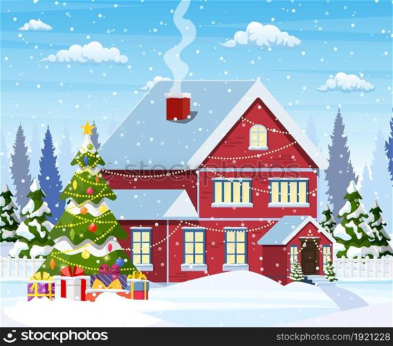 Suburban house covered snow. Building in holiday ornament. Christmas landscape tree, santa sleigh reindeers. New year decoration. Merry christmas holiday xmas celebration. Vector illustration. Suburban house covered snow.