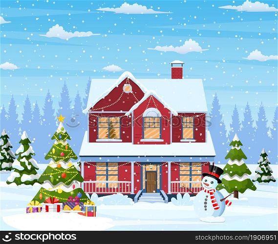 Suburban house covered snow. Building in holiday ornament. Christmas landscape tree, snowman. New year decoration. Merry christmas holiday xmas celebration. Vector illustration flat style. Suburban house covered snow.