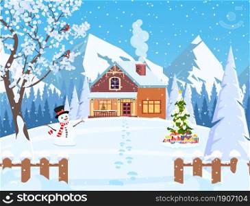 Suburban house covered snow. Building in holiday ornament. Christmas landscape tree, snowman. New year decoration. Merry christmas holiday xmas celebration. Vector illustration flat style. Suburban house covered snow.