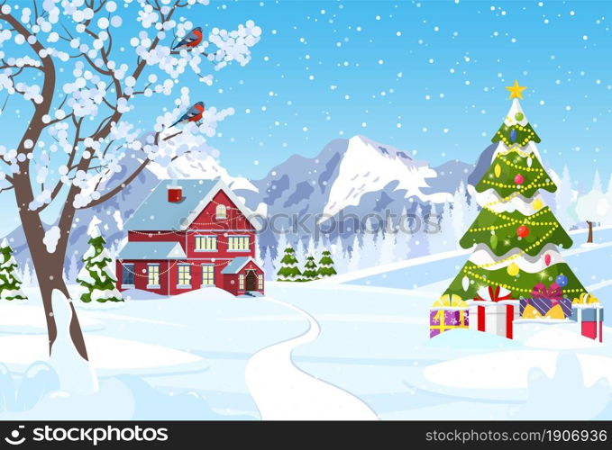 Suburban house covered snow. Building in holiday ornament. Christmas landscape tree spruce. Happy new year decoration. Merry christmas holiday. New year xmas celebration. Vector illustration. Suburban house covered snow.