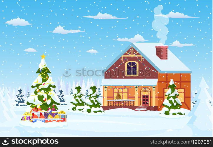 Suburban house covered snow. Building in holiday ornament. Christmas landscape tree spruce. Happy new year decoration. Merry christmas holiday. New year xmas celebration. Vector illustration. Suburban house covered snow.