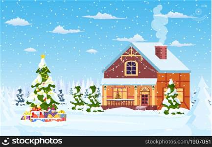 Suburban house covered snow. Building in holiday ornament. Christmas landscape tree spruce. Happy new year decoration. Merry christmas holiday. New year xmas celebration. Vector illustration. Suburban house covered snow.