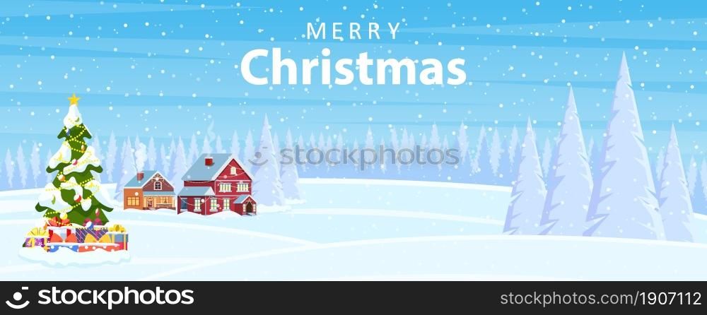 Suburban house covered snow. Building in holiday ornament. Christmas landscape tree spruce. Happy new year decoration. Merry christmas holiday. New year xmas celebration. Vector illustration. Suburban house covered snow.