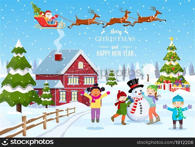Suburban house covered snow. Building in holiday ornament. Christmas landscape tree spruce, snowman. Happy new year decoration. Merry christmas holiday. Children building snowman. Vector illustration. Suburban house covered snow.